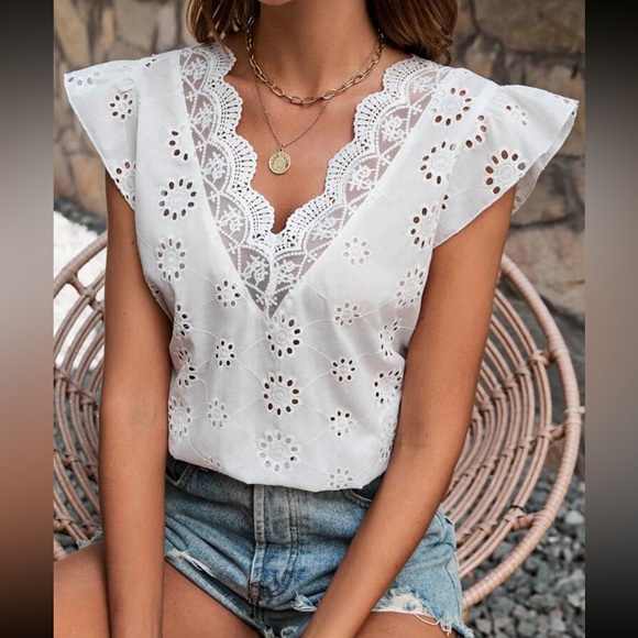 Boho Sheer Floral Eyelet Embroidery Lace Tie Cap Sleeve Top Blouse Shirt White - Picture 2 of 5